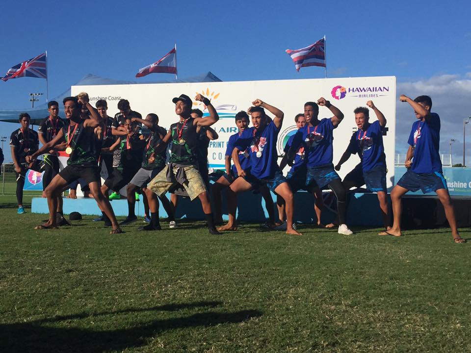 Team “Fat Oysters” perform their haka after winning Silver in the V6 Turns Junior under 16 Men’s 1000 Metres event