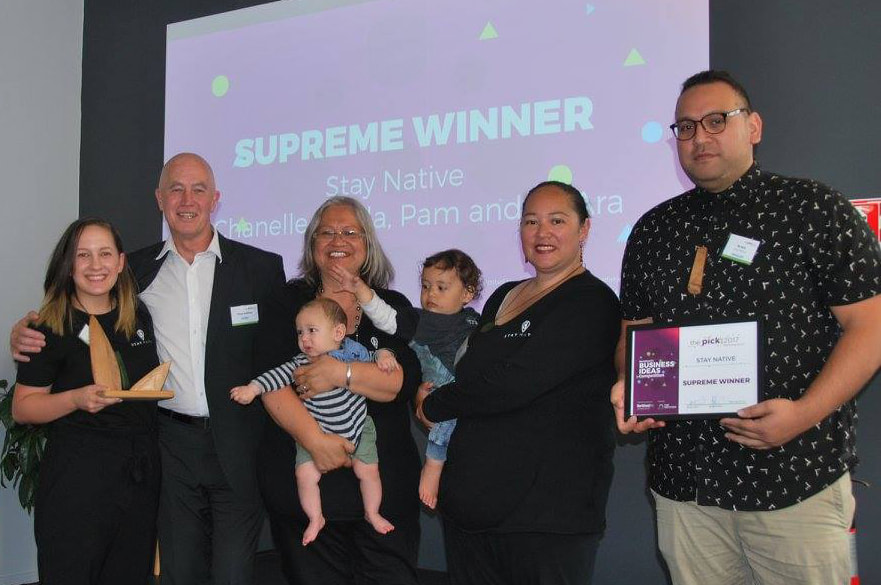 From left to Right - Chanelle Armstrong, Tony Collins (CEO of the Northland Chamber of Commerce), Pam Armstrong and mokopuna, Chala Chase and Te Ara Armstrong - upon winning their award.