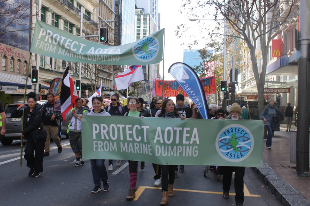 The Protect Aotea group, whanau and supporters marched on Queen Street in July 2019 in opposition to the Environment Protection Authority’s decision to grant Coastal Resources Limited permission to increase the amount of sediment it dumped off Aotea, Great Barrier Island.